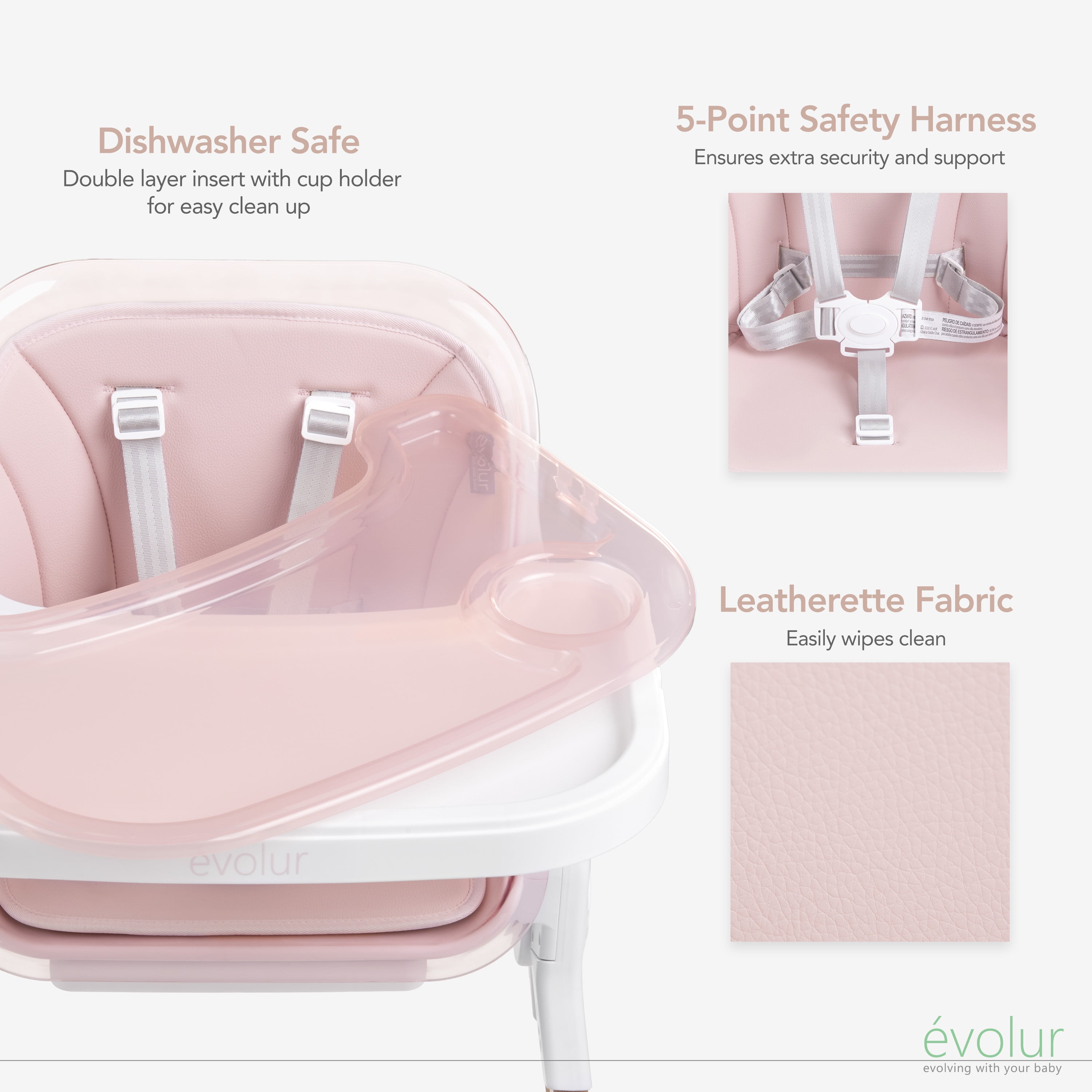 Evolur Tiny Throne 2-in-1 Portable High chair in Grapefruit Pink, Baby High Chair Converts into Booster Seat & Adult Stool, Removable Tray and Easy To Clean