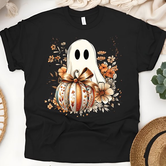 Ghost Pumpkin Shirt Fall Floral Halloween Tee Cute Autumn Ghost Top , Black, Size XL