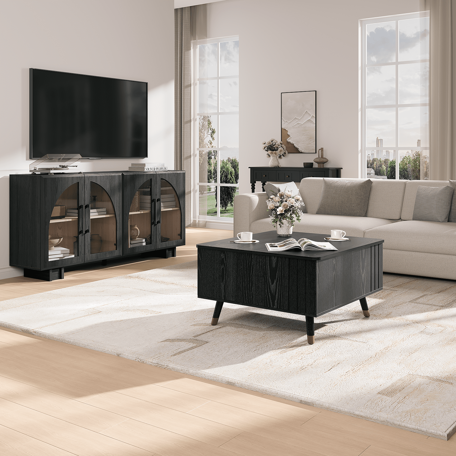 JOINICE Lift Top Coffee Table with Hidden Storage Space, Wood Square Center Table,for Living Room, Black