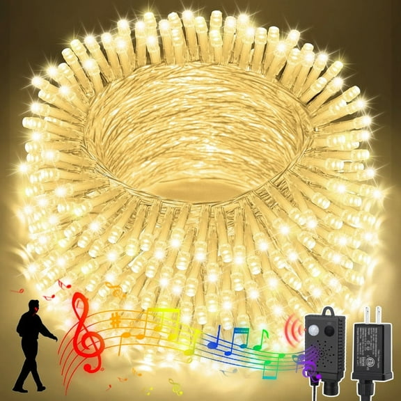 Music White String Lights with Music Motion Sensor Controller,100 LED Christmas Decoration Light, Flashing Waterproof for Indoor Outdoor Christm as Tree Party Yard