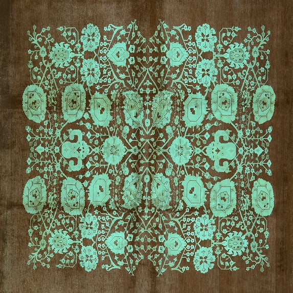 Ahgly Company Machine Washable Indoor Square Oriental Turquoise Blue Industrial Area Rugs, 6' Square