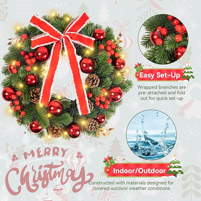 Qoosea 16-Inch Pre-Lit Christmas Wreath with LED Lights photo 5