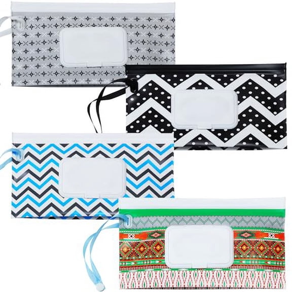 Baby Wipe Dispenser,4 Pack Portable Refillable Wipe Holder,Reusable Lightweight Wipes Holder Container for Travel Wet Wipe Pouch,Geometric
