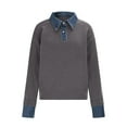 thumbnail image 3 of Ohufall Sweater for Women with Denim Collar, Button Long Sleeve Knit Top, Solid Patchwork Pullover Casual Fall Tops, 3 of 6