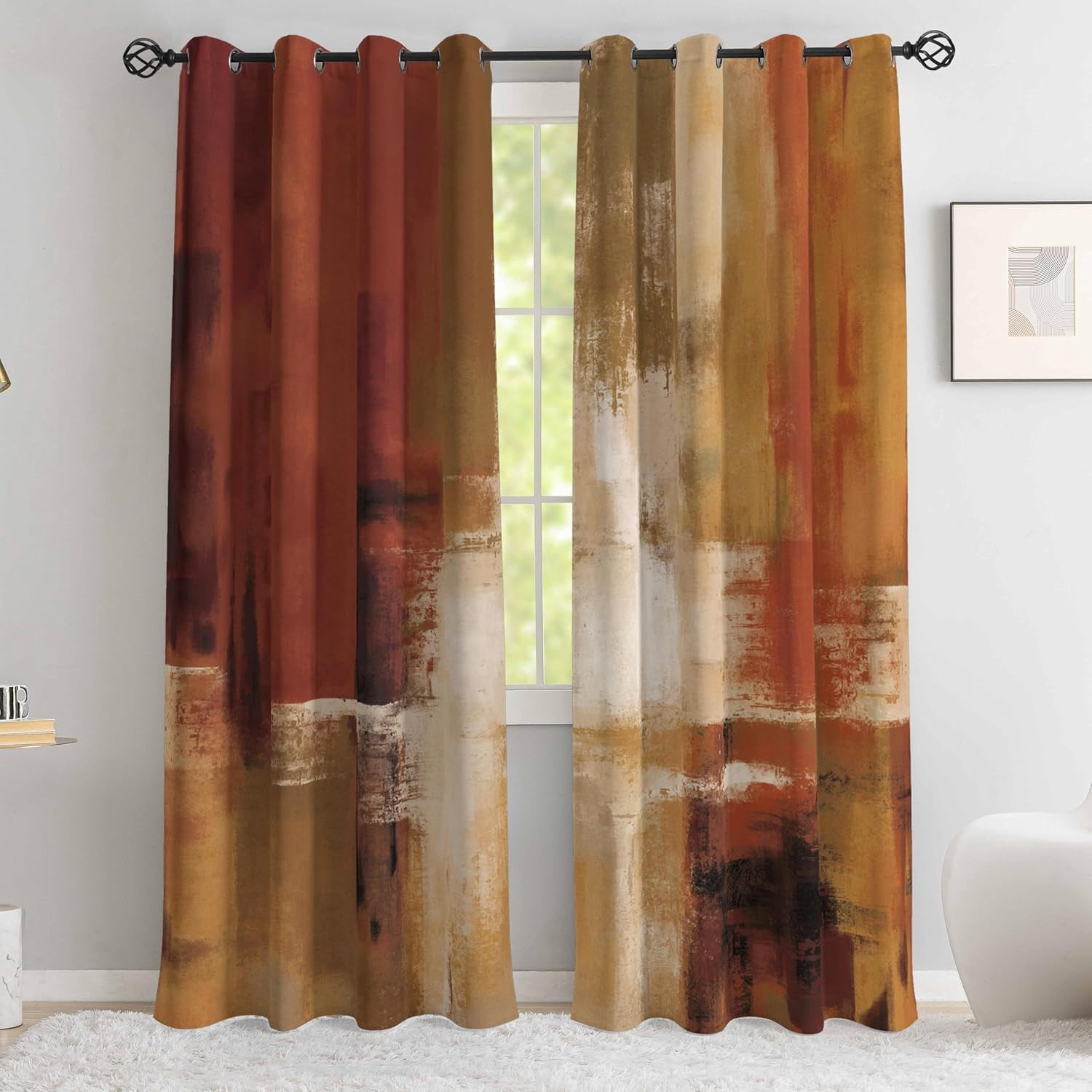 Burnt Orange Curtains Abstract Rust Curtain Room Darkening Grommet Window Treatments Modern Decorative for Bedroom Living Room 26"W x 63"L (Pack of 2)