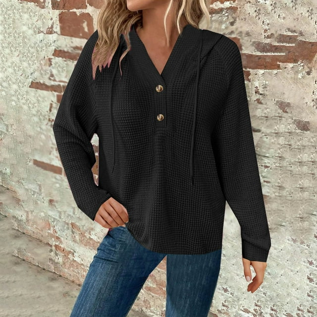 Sentmoon Essentials Hoodies for Women Solid Color Button Womens Sweatshirt,Oversized Stylish Long Sleeve Crew Neck Womens Sweaters Tops for Women Up to 50% Off Black M