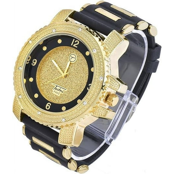 Techno Pave Hip Hop Inspired Mens Bling-Iced Watch - 52mm Case Size - Quartz Movement (7758 / GOLD/BLACK/BLACK)