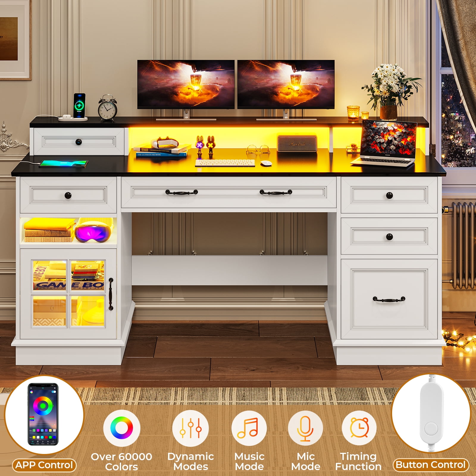 Toogaho Executive Desk with File Drawer & Storage Cabinet, Computer Desk with Charging Station & LED Lights,with Monitor Stand, Home Office Desk,Writing Desk White