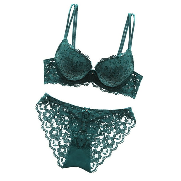 Top New Black Brassiere Deep V Sexy Underwear Set Thick Green Push