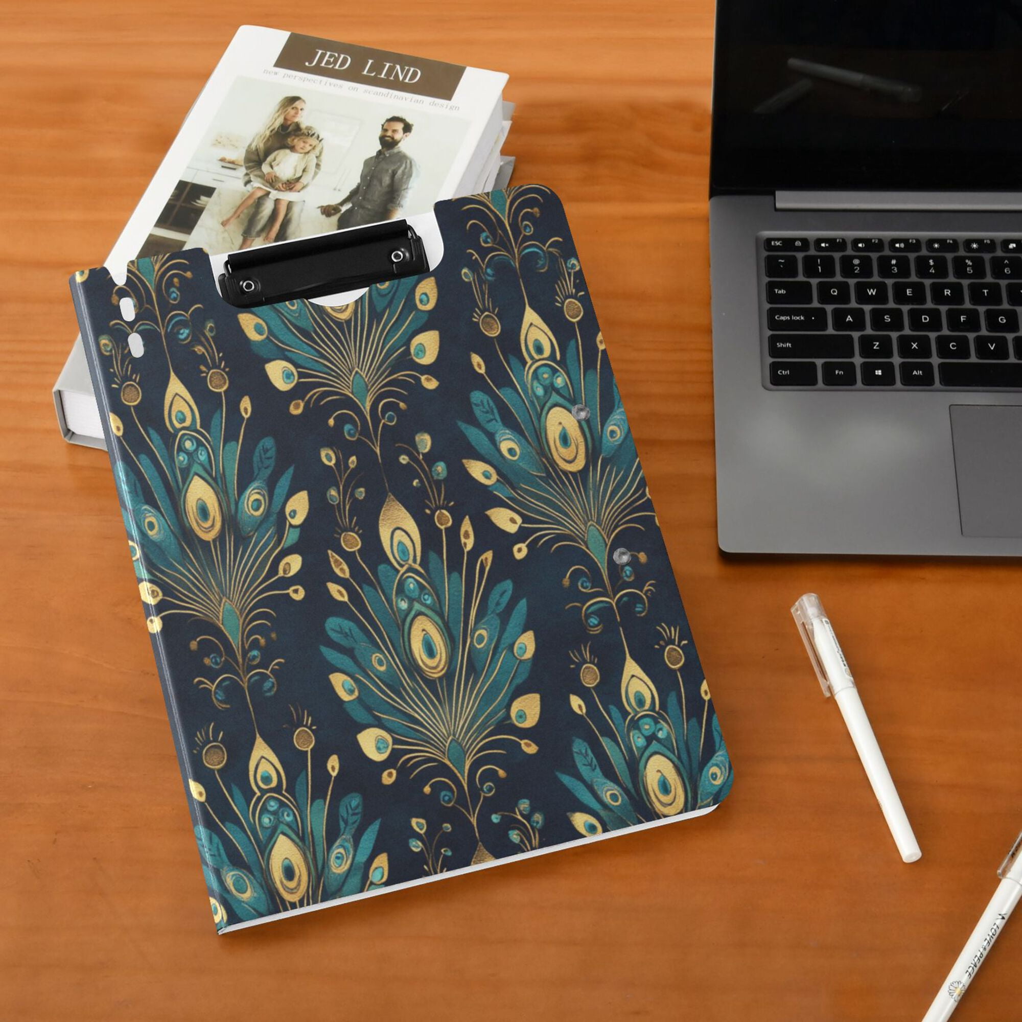 FORMRS A4 Clipboard Folder with Pen Holder Horizontal Foldable School Office Binder, Gold Peacock Pattern