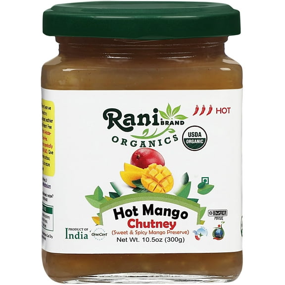 Rani Organic Hot Mango Chutney (Spicy Indian Preserve) 10.5oz (300g) Glass Jar, Ready to eat ~ All Natural | Vegan | Gluten Free | No Colors | NON-GMO | Kosher | Indian Origin | USDA Certified Organic