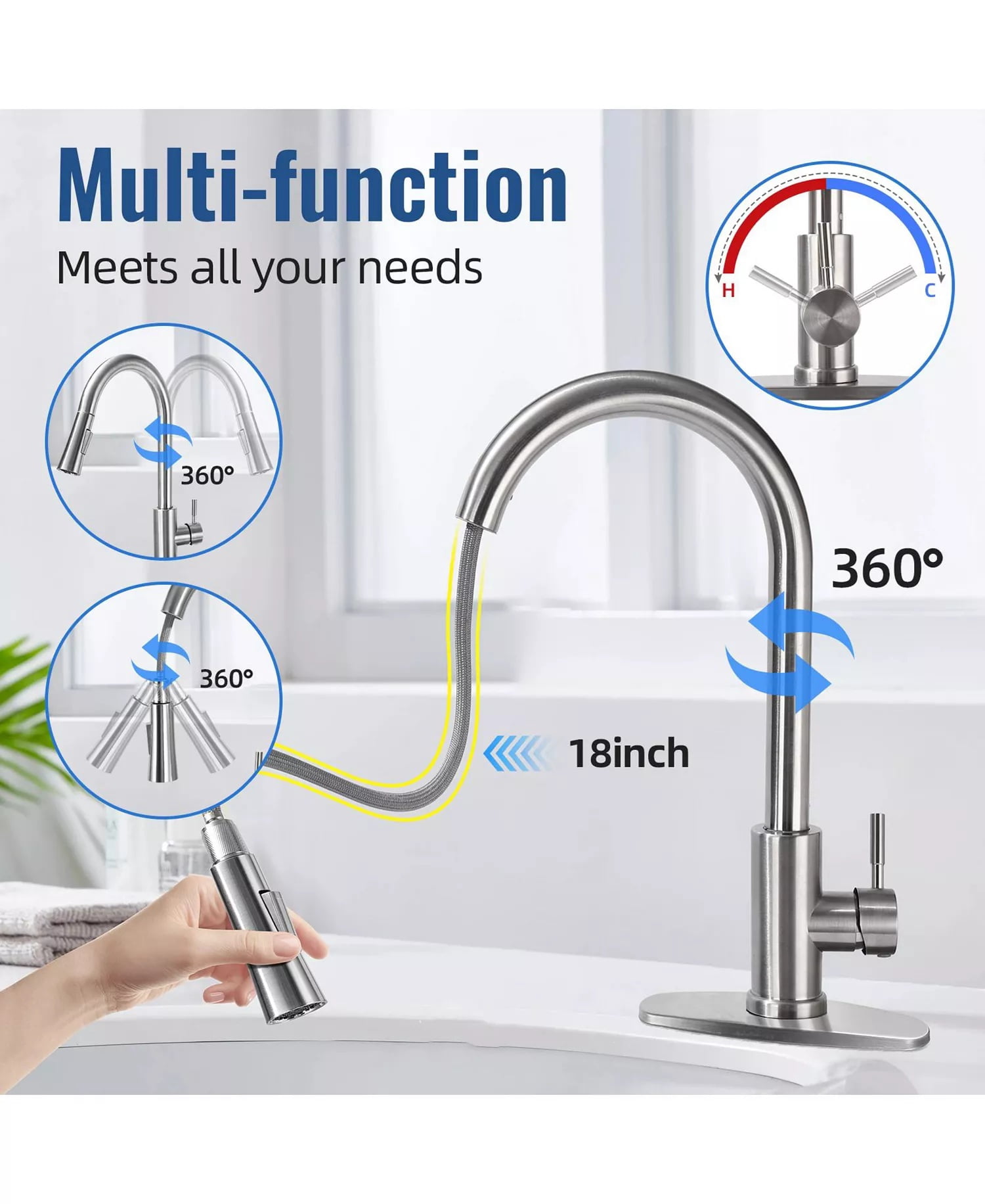 SUGIFT Kitchen Faucet with Pull Down Sprayer and Dual-Function High Arc Spout for 1 or 3 Hole Sinks, Silver