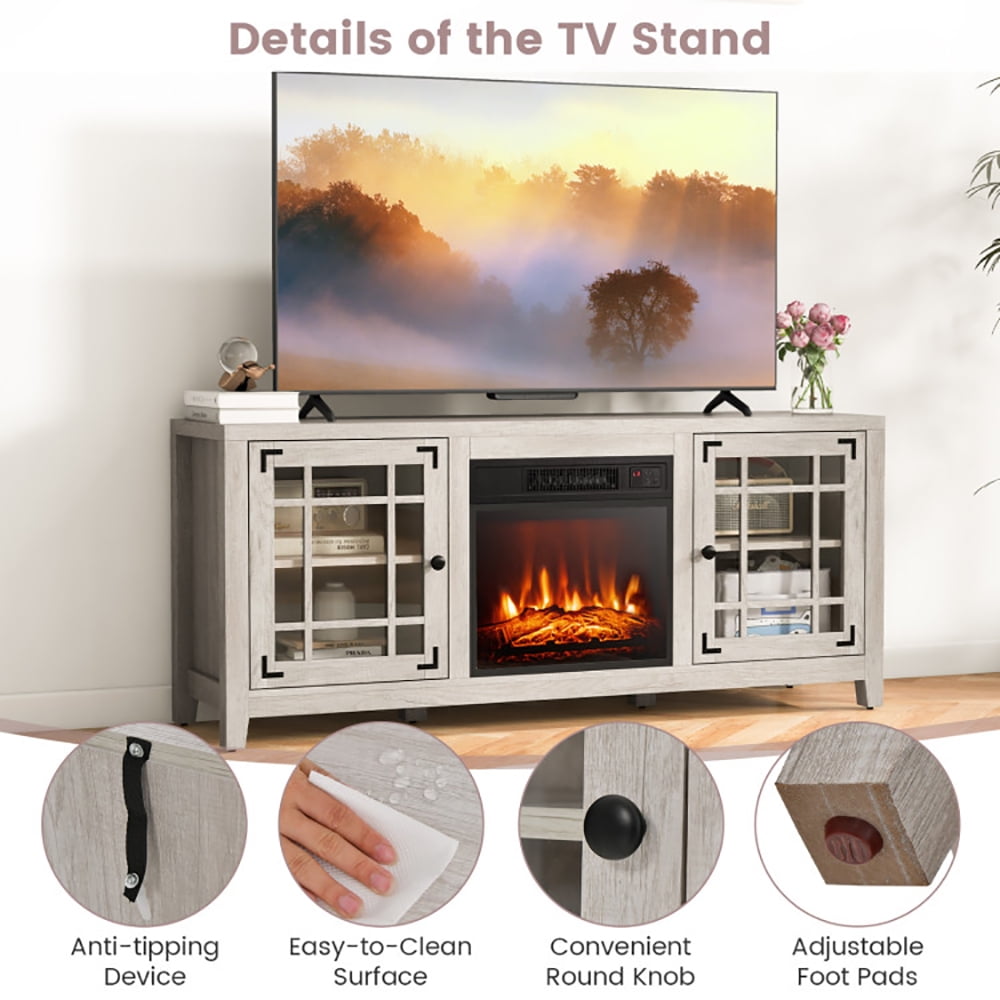 Finihen TV Stand, TV Cabinet, 58 Inch Fireplace TV Stand with Adjustable Shelves for TVs up to 65 Inch, Media Entertainment Center with Storage, for Living Room, Bedroom, Natural