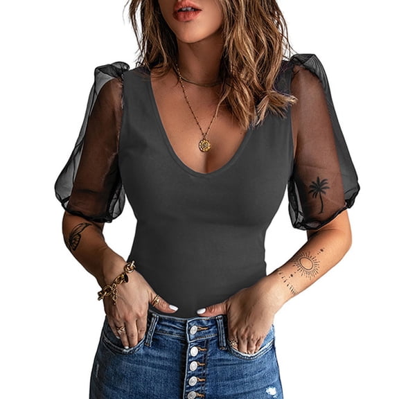 Lpmadey Women's Mesh Puff Sleeve Tops Sexy V Neck Sheer Short Sleeve Blouses Solid Color Slim Fit Casual Party Date Night T-Shirts