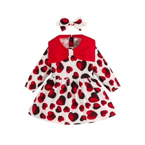 Odeerbi Girls Dress Baby Girls Clothes 2025 Valentine's Day Sweet Printing Princess Dress Bow-knotHeadband Two-piece Set Red