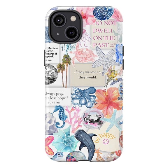 Positive Vibes Phone Case, Beachy Quotes & Tropical Collage iPhone Cover, Fun & Uplifting Design for iPhone 16 15 14 13 12 11 Pro Plus Max Mini