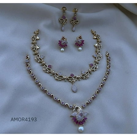 South Indian Bollywood Peacock Design Gold Plated AD CZ White & Ruby Stone Pearl Flower Haaram Matte Finish Brass 2-Combo Necklace Set with Matching Drop Earrings – Bridal & Party Wear Jewelry