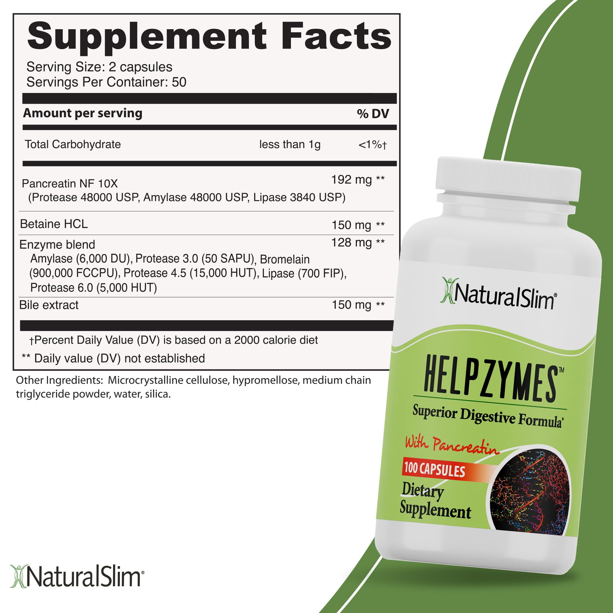 NaturalSlim Helpzymes® w/ HLC Acid & Pancreatin - Digestive Enzymes 100 Capsules