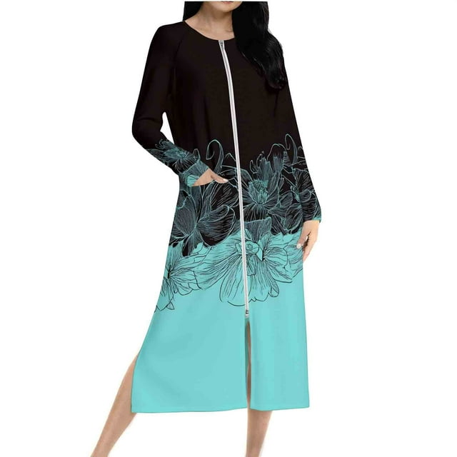 Ovingeta Robe de Pyjama pour Femmes Vêtements de Détente Amples Robe de Nuit à Fermeture Éclair Raglan Vêtements de Nuit Automne Hiver Vêtements de Maison Manches Longues PJs