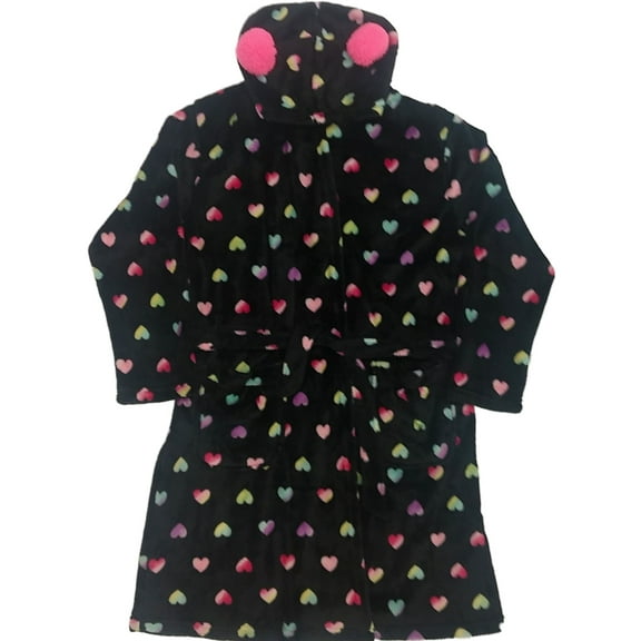 Girls Black Rainbow Polka Dot Heart Hoodie Bathrobe Plush Robe House Coat XXLP