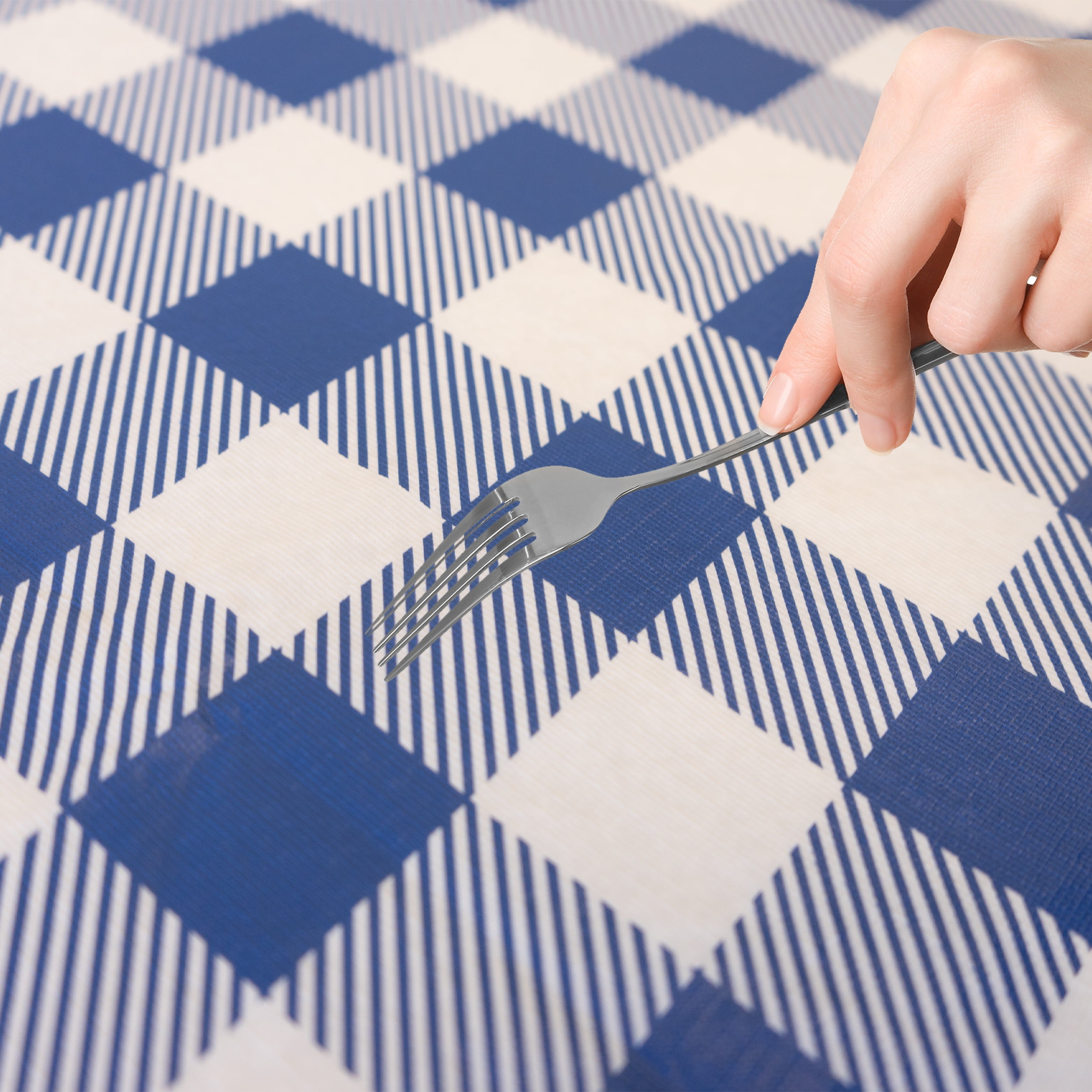 Waverly Inspirations Elastic Fitted Vinyl Table Cover With Flannel Backing, 6Ft Table, 72" x 30", Gingham Blue , 1 PK