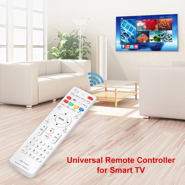 reemplazo de control remoto inteligente universal para rm-l1130+x rm-l113+12 rm-l1130+8 control remoto blanco 175 x 45 x 18 mm, ABS, botones Netflix y YouTube, requiere 2 pilas AAA (no incluidas); primer plano inclinado sobre mesa en sala con televisor montado en pared; compatible con marcas como AKIRA, LG, Samsung, Hisense y Panasonic; también adecuado como control de repuesto para viajes.