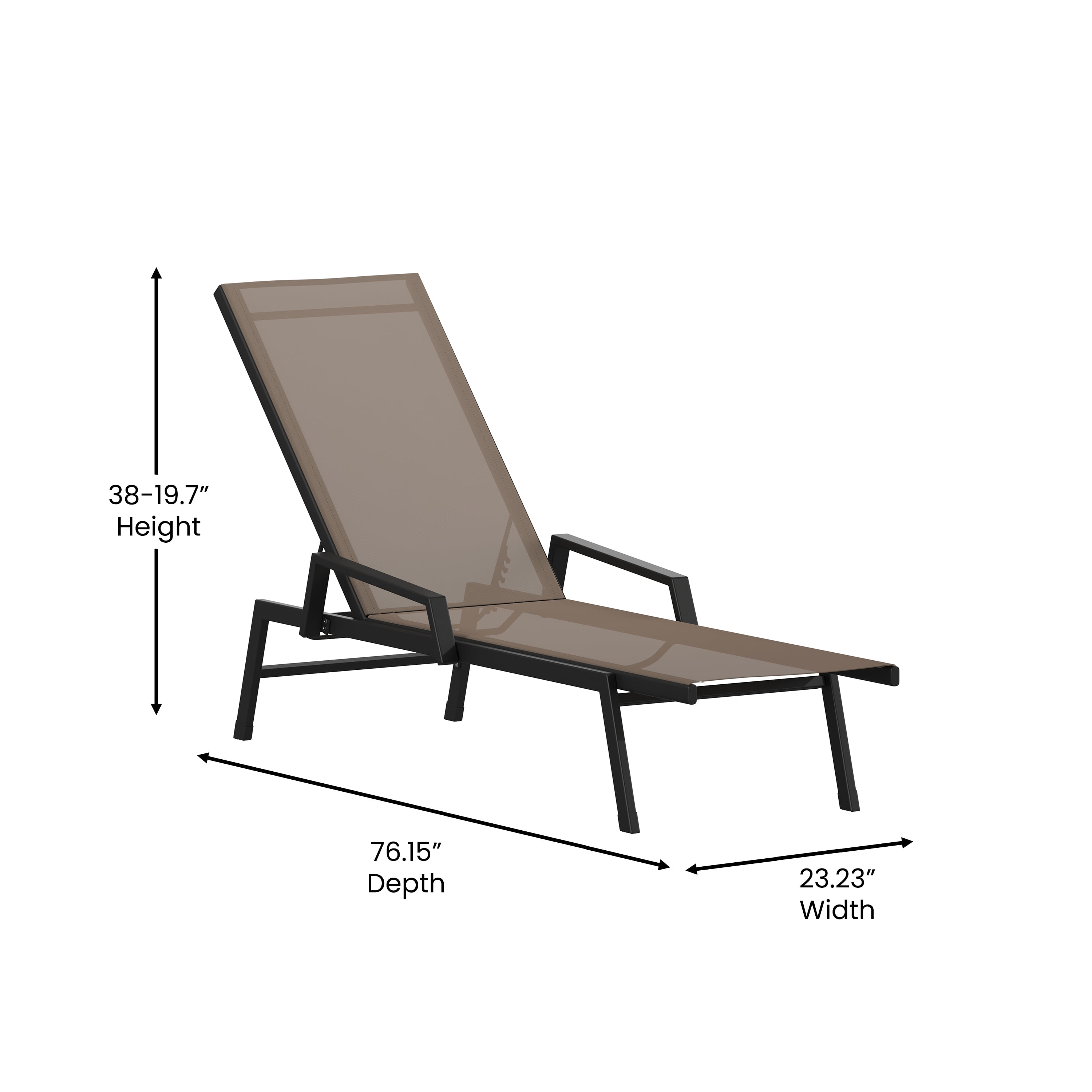 Flash Furniture Brazos Adjustable Chaise Lounge Chair with Arms, All-Weather Outdoor Five-Position Recliner, Black/Brown