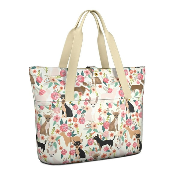 Tote Bag for Women - Chihuahua and Flower Florals Shoulder Bag - Large Utility Work Duffle Bag with Zipper Handbag for Travel, Work, Sprots