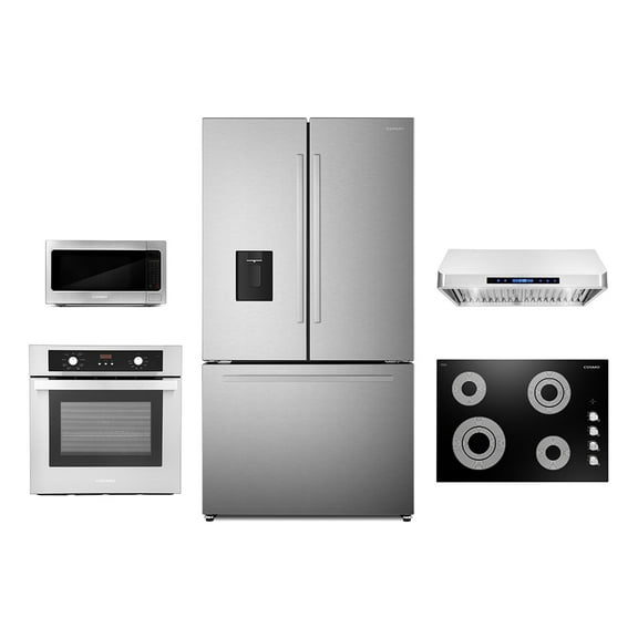 5 Piece Kitchen Package With 36" Electric Cooktop 36" Under Cabinet Range Hood 24" Single Electric Wall Oven 17.3" Built-in Microwave & French Door Refrigerator