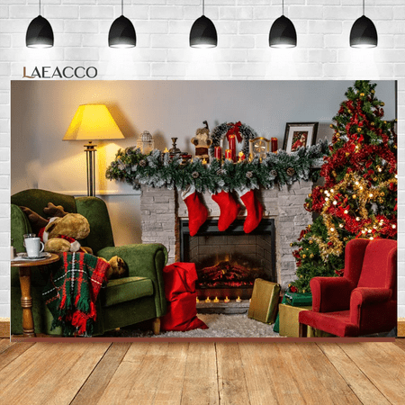 Image of Interior Christmas Fireplace Stockings Toys Sofa Room Decor Backgrounds Baby Portrait Customized Photography Backdrops