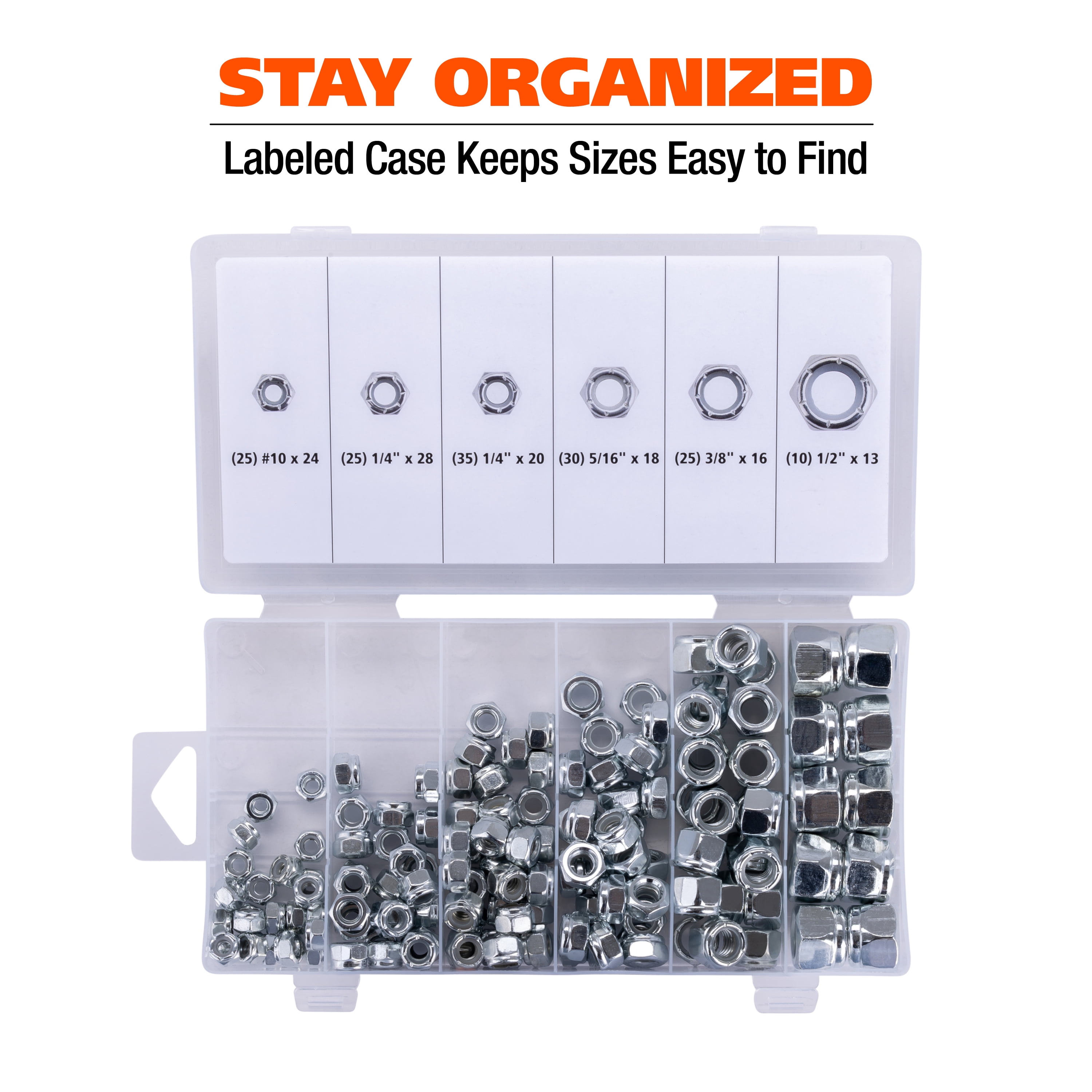 Great Neck Tools Nylon Lock Nut Assortment, 150 Piece Set