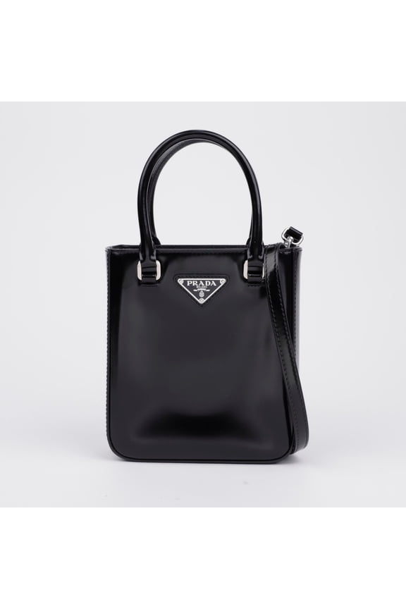 Pre-Owned Triangle Logo Small Brushed Leather Tote Bag Black