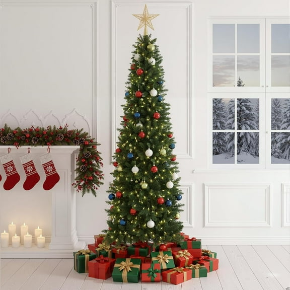 4.5ft Christmas Tree, Pre-lit Artificial Spruce Christmas Pencil Trees with Led Light, Hinged Spruce Xmas Tree for Home, Office, Party