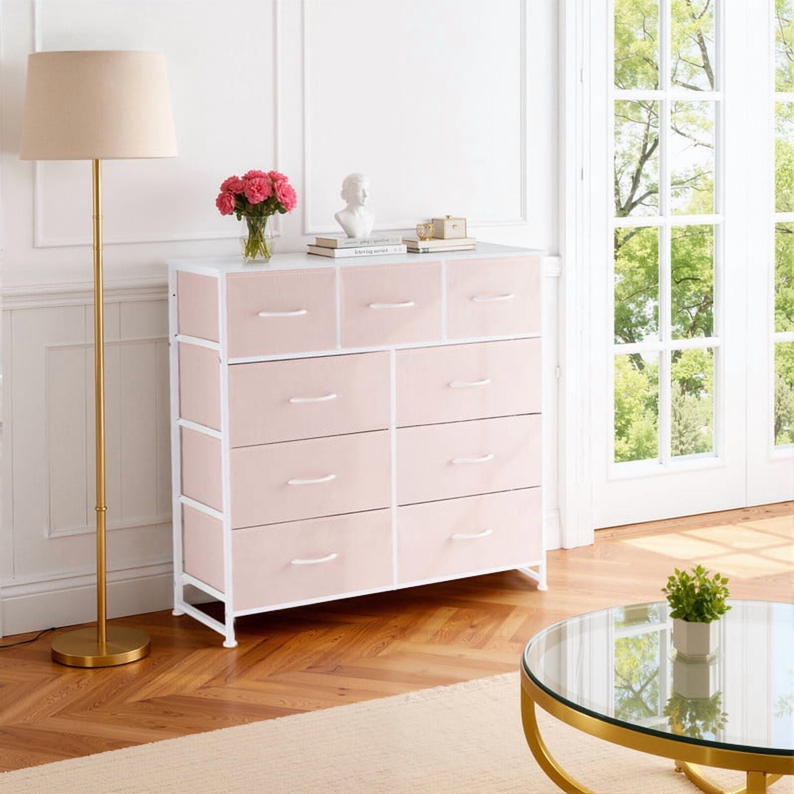 Simenmax 9 Dresser, Storage Drawers with Removable Fabric Bins, Fabric Closet Chests Organizer for Bedroom, Closet, Living Room, Pink