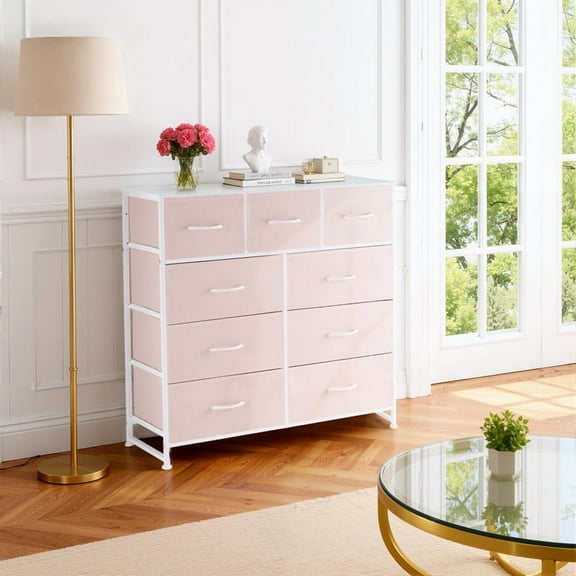 Bigleap 9 Drawers Dresser for Bedroom, Fabric Dresser with Sturdy Steel Frame, Wooden Top & Easy Pull Fabric Bins,Pink