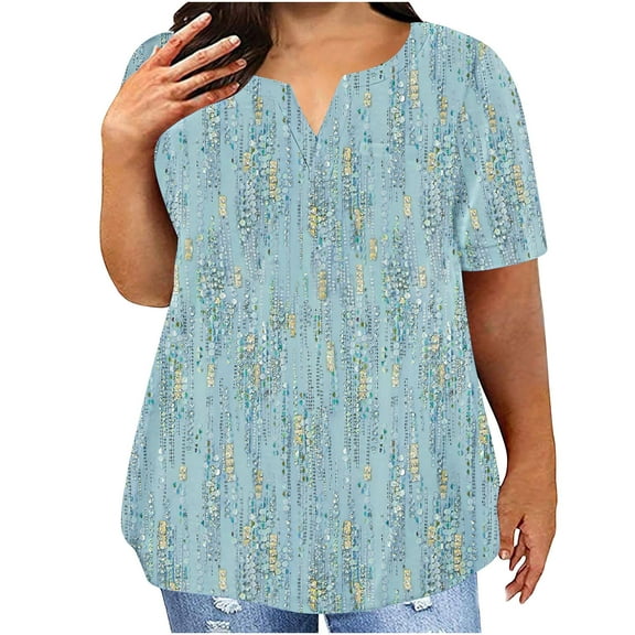 Jewelreauty Women Plus Size Summer Tops Casual Notch Neck Short Sleeve Print Tunic Blouses Shirts