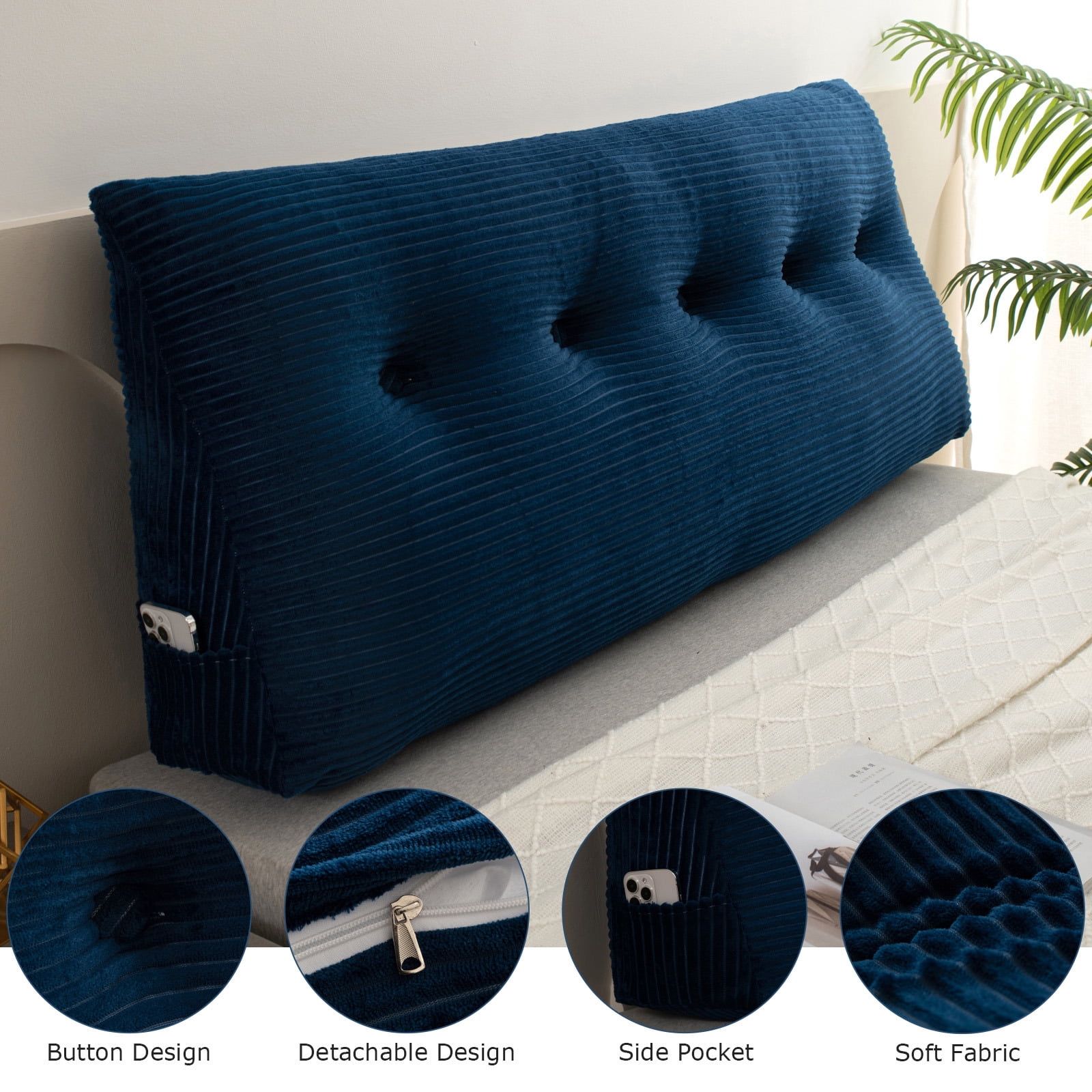 Lovote Triangular Headboard Pillow with Side Pockets, Velvet Fabric, Vertical Stripe Pattern Bed Rest Reading Pillow, Removable & Washable Cover, Daybed Wedge Pillow for Twin Beds