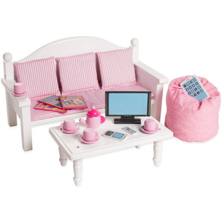 eimmie 18 inch doll furniture sofa & coffee table with accessories