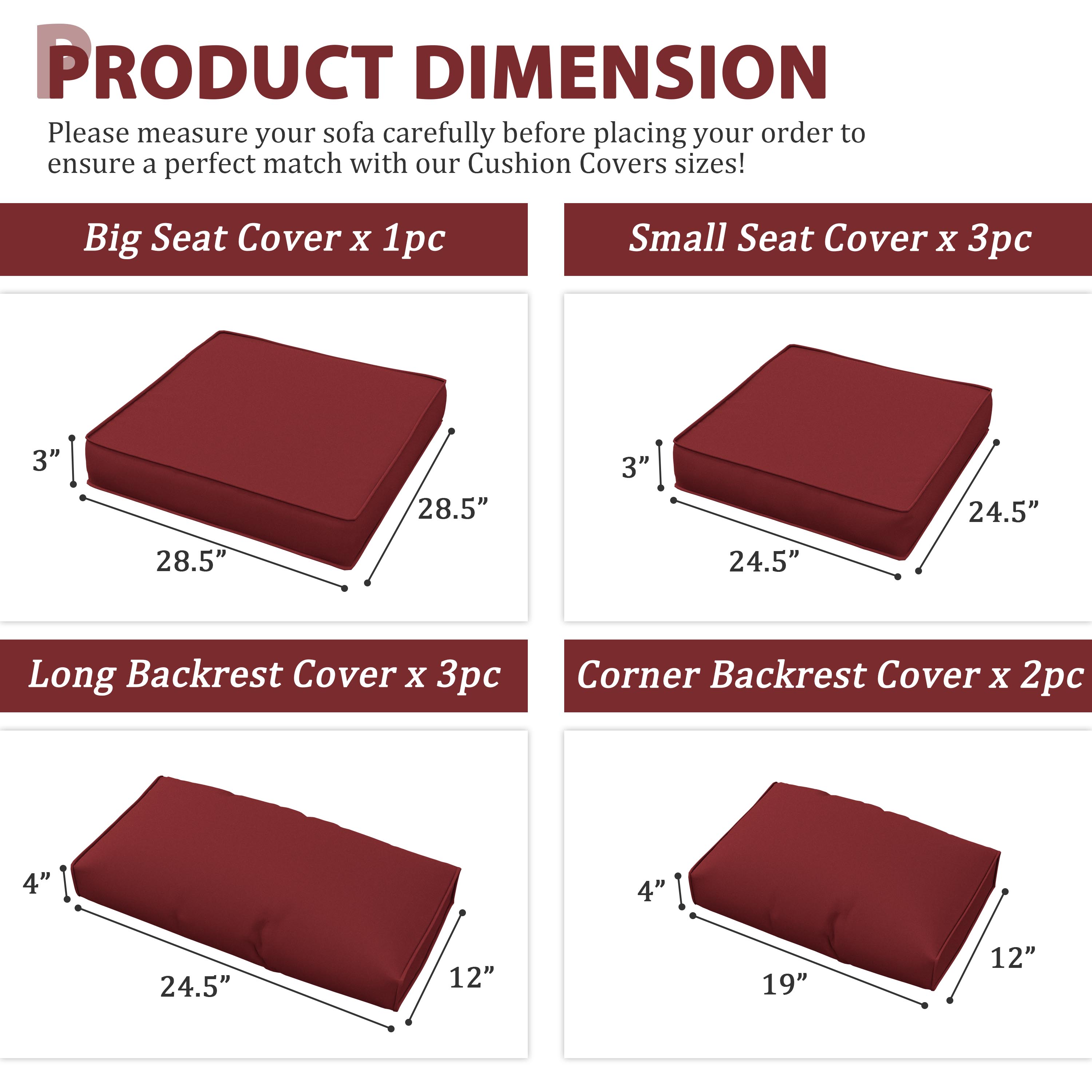 Snubbull 9 Pcs Outdoor Patio Cushion Covers with 4 Size, Waterproof & Zippered, Burgundy