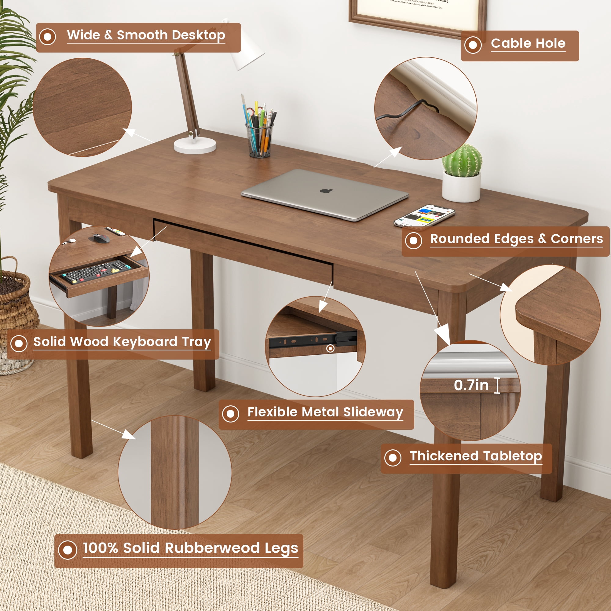 BESKADI 100% Solid Wood Desk with Keyboard Tray - 48 x 24 Inch Computer Desk with Keyboard Tray, Mid Century Modern Writing Desks, Simple Study Table Home Office Desks for Small Spaces|Bedroom-Walnut