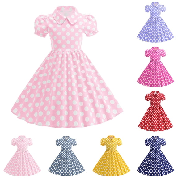 WUANDIXFA Polka Dot Girls' Dress Short Sleeve Peter Pan Collar Vintage Style Summer Dress, Ages 4-10 (Purple, 9-10 Years)