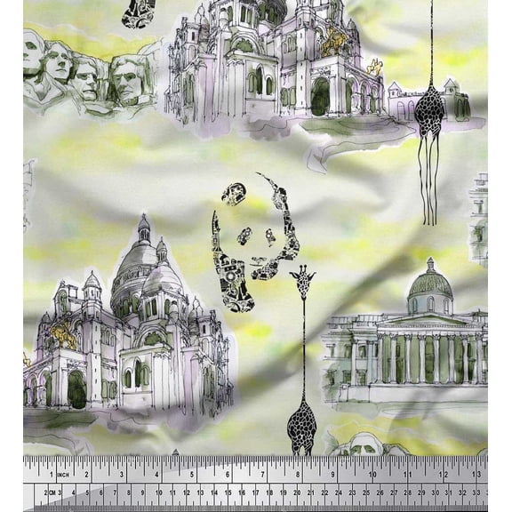 Soimoi Yellow Poly Georgette Fabric Giraffe,Human Face & Ancient Place Architectural Print Sewing Fabric BTY 42 Inch Wide