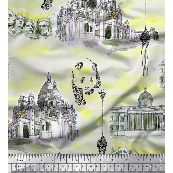Soimoi Yellow Velvet Fabric Giraffe,Human Face & Ancient Place Architectural Print Sewing Fabric BTY 58 Inch Wide