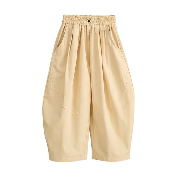 Tfken Little Girls Classic Pants Elastic Waist Stretchy Trousers Wide-Leg Loose Pants With Pockets Fashion Lightweight Teen Daily Casual Wear Trendy Clothes Size 2-3 Years Beige