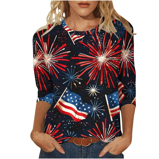 Mujeres 3/4 Manga Tops Y Blusas de Impresión Cuello Redondo Suéter, Tops de Moda de la Mujer para la Primavera Y el Verano