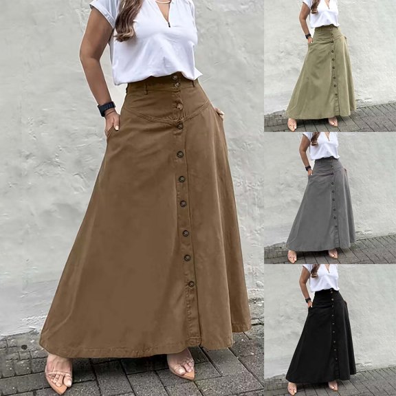 Womens High Waist Front Split Midi Skirt Solid Button Down A-Line Long Skirt with Side Pockets for Summer Casual Wear Brown XL(XL)