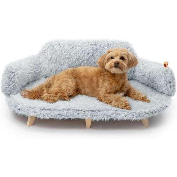 Cat Bed with Removable Washable Cover, Elevated Cat Couch for Cats & Small Medium Dogs, Wooden Pet Sofa Modern Pet Furniture (Grey, Large)