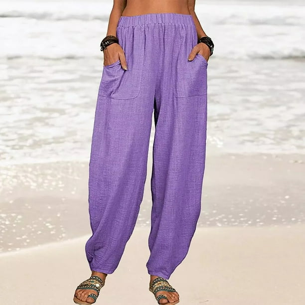 ICHUANYI Clearance Fashion Women Summer Casual Loose Cotton And Linen Pocket Solid Trousers Pants(Purple, M) ICHUANYI WER2023080702715
