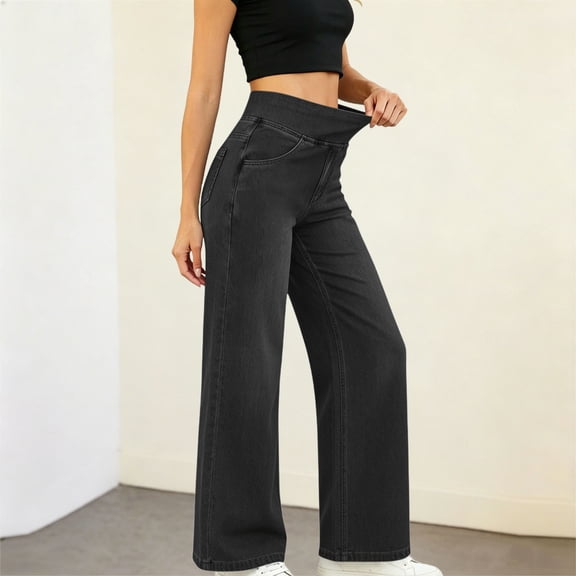 Wovilon Women's High Waisted Pull-On Jeans, Stretch Elastic Waistband Wide Leg Denim Trousers with Front Pockets, Casual Relaxed Fit Pants for Summer Daily Wear