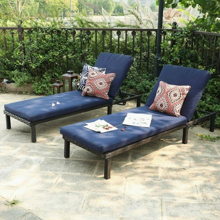 MF Studio 2PCS Outdoor Patio Wicker Rattan Chaise Lounge Chairs with Cushion&Adjustable Backrest, Navy Blue